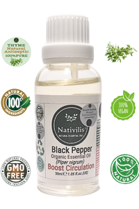 Nativilis Black Pepper Organic Essential Oil 30 ml (Piper nigrum) - Ease aching muscles boost the immune system improves circulation - Copaiba Properties