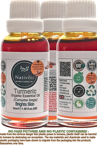 Nativilis Turmeric Organic Essential Oil 30 ml (Curcuma longa) - antimicrobial, calming, and carminative qualities helping digestive complaints, colic, loss of appetite, menstrual discomforts, and joint pain - Copaiba Properties