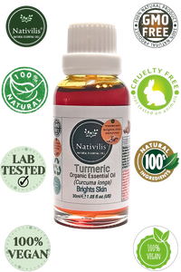 Nativilis Turmeric Organic Essential Oil 30 ml (Curcuma longa) - antimicrobial, calming, and carminative qualities helping digestive complaints, colic, loss of appetite, menstrual discomforts, and joint pain - Copaiba Properties