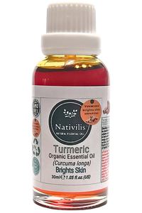 Nativilis Turmeric Organic Essential Oil 30 ml (Curcuma longa) - antimicrobial, calming, and carminative qualities helping digestive complaints, colic, loss of appetite, menstrual discomforts, and joint pain - Copaiba Properties