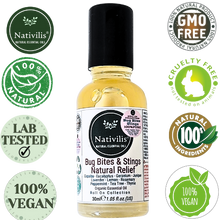 Load image into Gallery viewer, Nativilis Natural Relief for bug bites stings mosquito nettle fleas - Organic Essential Oil Formula - Roll on ball Stainless Steel Ideal Capacity 30ml Daily Use Travel Easy to carry in your purse/bag
