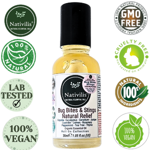 Nativilis Natural Relief for bug bites stings mosquito nettle fleas - Organic Essential Oil Formula - Roll on ball Stainless Steel Ideal Capacity 30ml Daily Use Travel Easy to carry in your purse/bag