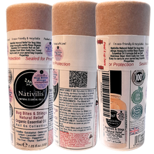 Load image into Gallery viewer, Nativilis Natural Relief for bug bites stings mosquito nettle fleas - Organic Essential Oil Formula - Roll on ball Stainless Steel Ideal Capacity 30ml Daily Use Travel Easy to carry in your purse/bag
