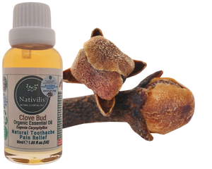 Nativilis Organic Clove Bud Essential Oil (Eugenia Caryophyllus) - natural pain reliever for toothache muscle pain - skin care - Copaiba properties 30ml