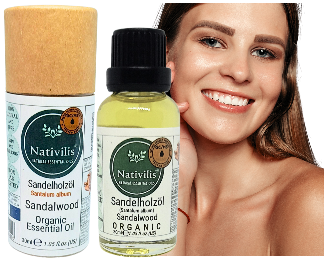 Nativilis Organic Sandalwood Essential Oil (Santalum album) Anti-ageing Soothes the skin Anti-tanning reduce the oxidative stress in the skin reverse sun ward off excess scalp sebum secretion Copaiba