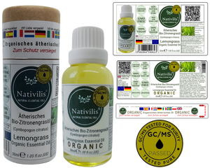 Nativilis Organic Lemongrass Essential Oil (Cymbopogon citratus) - 100% Natural - 30ml - (GC/MS Tested)