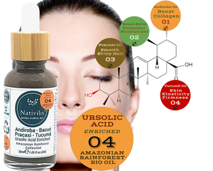 Nativilis URSOLIC ACID enriched with 04 Amazonian Rainforest Bio Oil - ANDIROBA BACURI PRACAXI TUCUMA - Relief skin injuries aesthetic processes peelings laser hair removals Soothing effect Copaiba